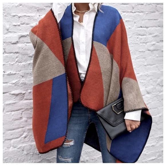 ShopEvelynne Sweaters - Fall/Winter Oversized Color Block Boho Poncho Shawl